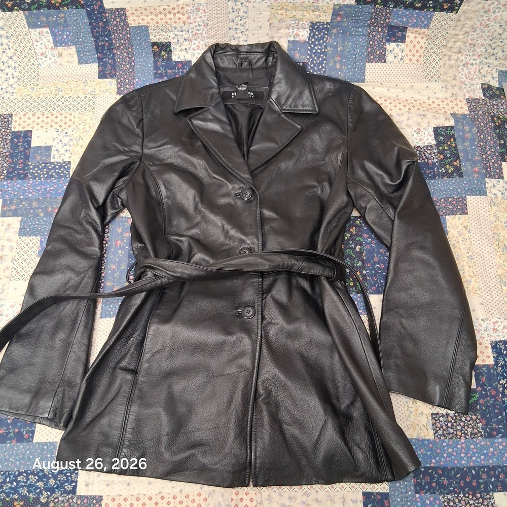 New York and Company Womens Large Black Genuine Leather Belted Blazer Jacket